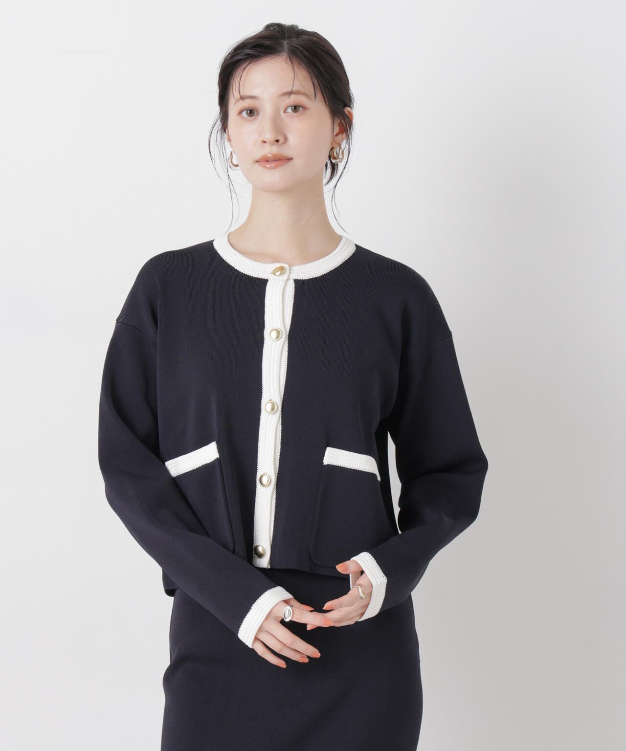 洗濯機洗可バイカラーニットジャケットカーディガン(セットアップ可)