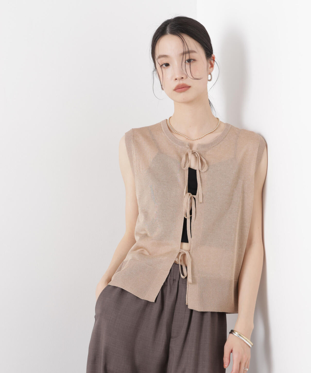 【新品】22SS✨JENNE リボン付き 2way ノースリーブニット 洗える 前後2wayリボンアップデザインノースリーブニット | NANO universe