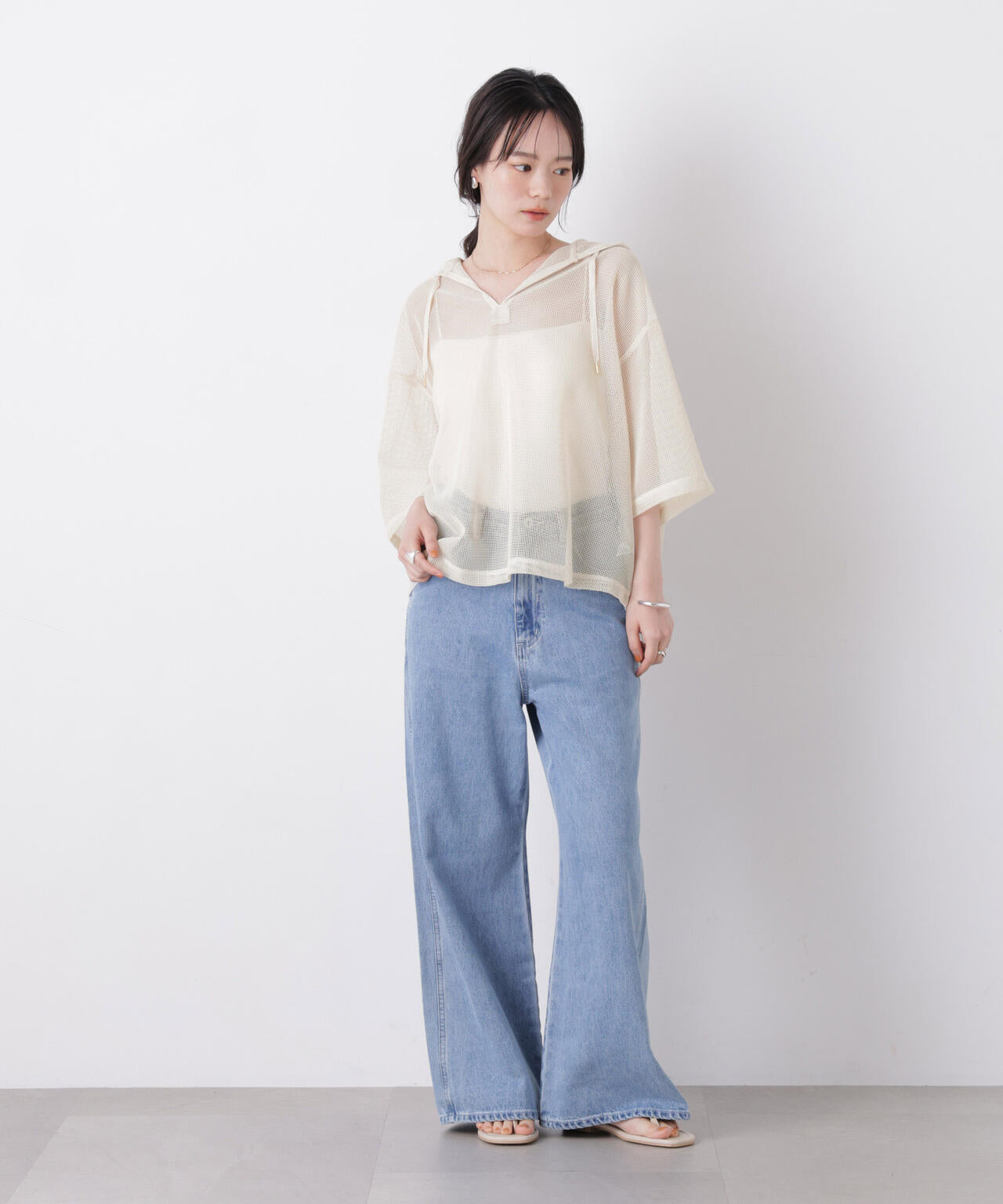 キーネックメッシュフーディートップス