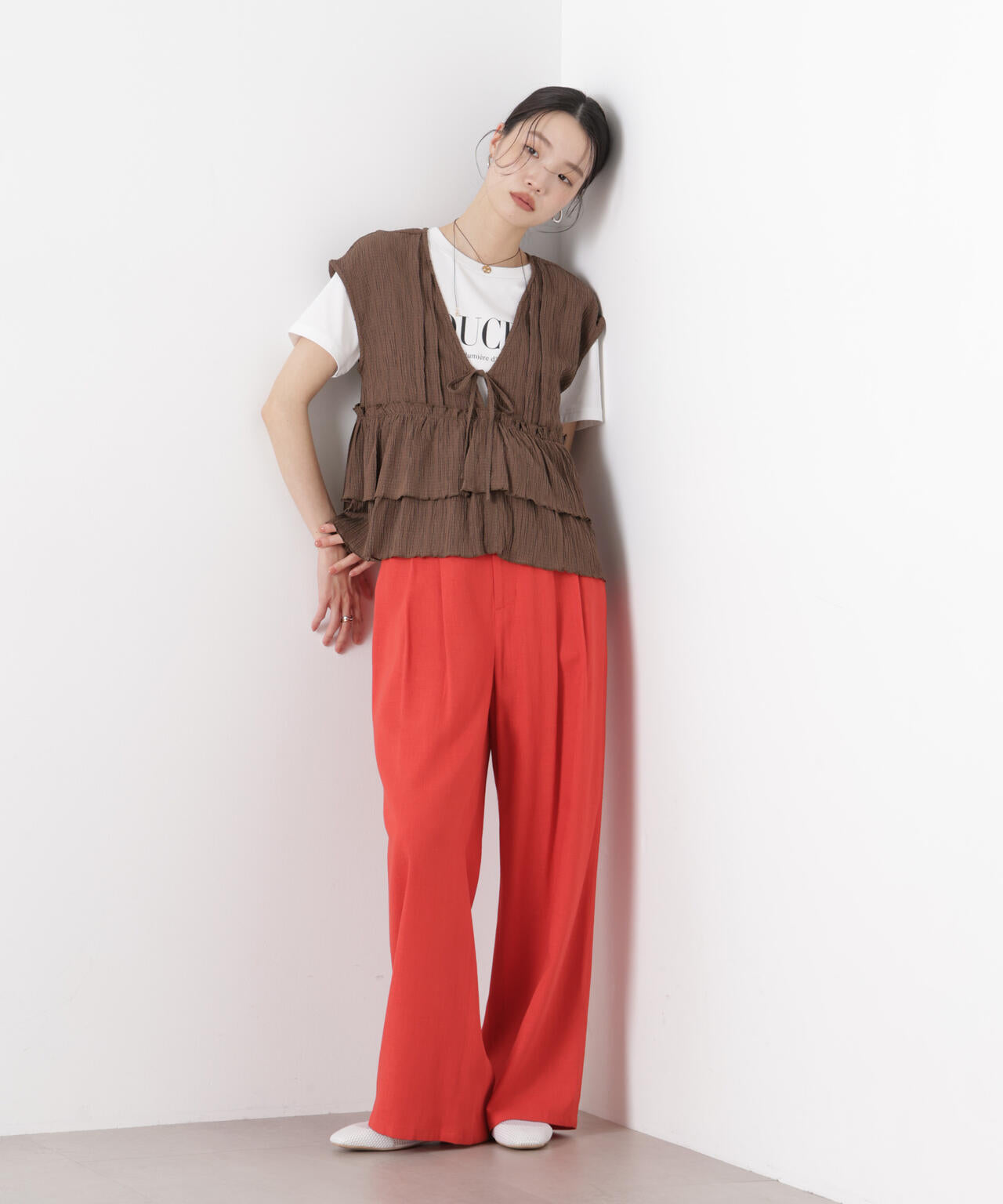 多機能リネン混リボンベルト付タックワイドパンツ(セットアップ可)