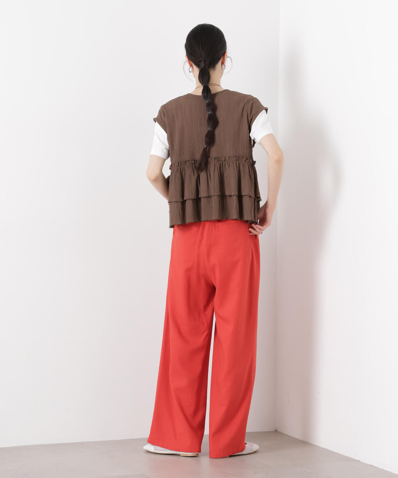 多機能リネン混リボンベルト付タックワイドパンツ(セットアップ可)