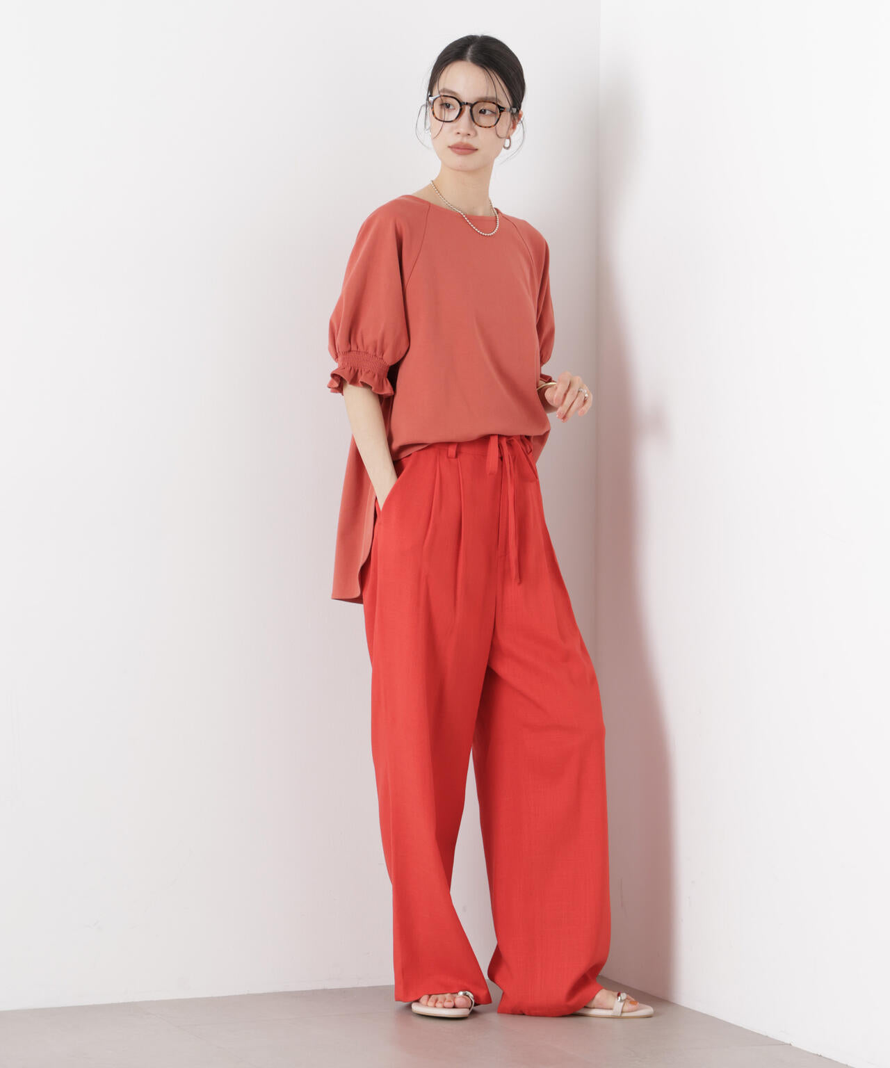 多機能リネン混リボンベルト付タックワイドパンツ(セットアップ可)