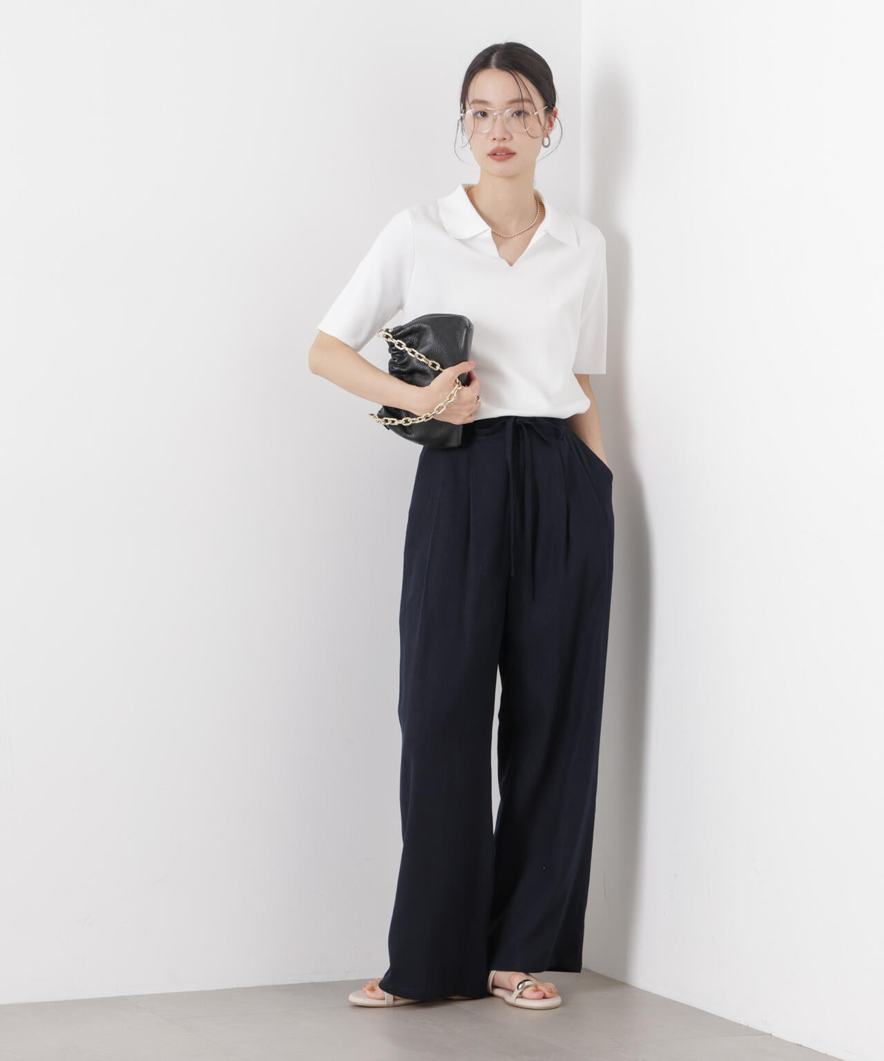 多機能リネン混リボンベルト付タックワイドパンツ(セットアップ可)