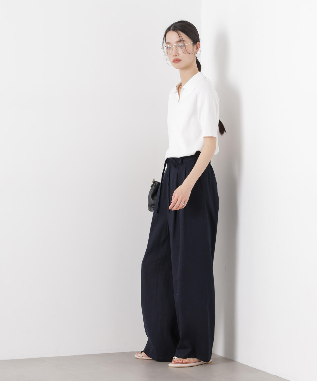 多機能リネン混リボンベルト付タックワイドパンツ(セットアップ可)