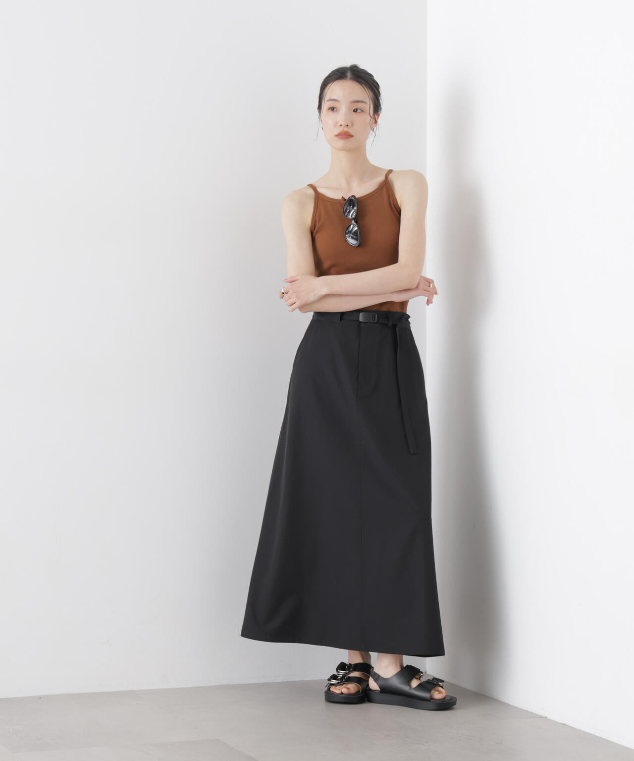 多機能2wayストレッチ ベルテッドセミフレアマキシスカート(セットアップ可)