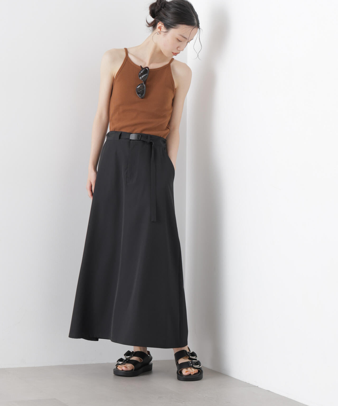 多機能2wayストレッチ ベルテッドセミフレアマキシスカート(セットアップ可)