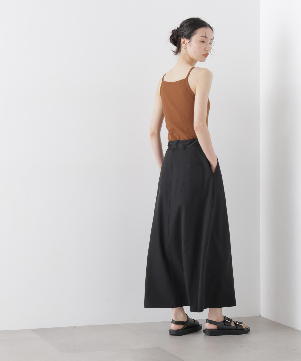 多機能2wayストレッチ ベルテッドセミフレアマキシスカート(セットアップ可)