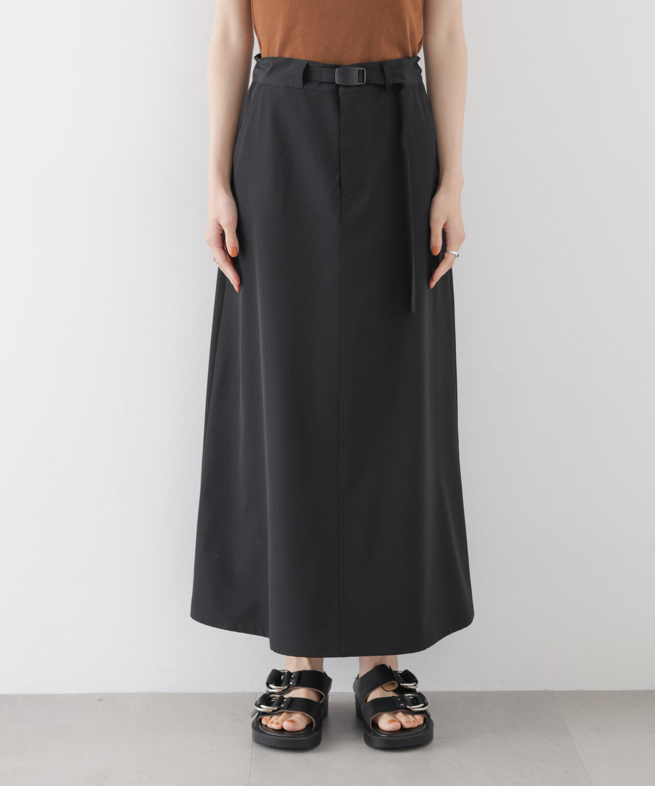 多機能2wayストレッチ ベルテッドセミフレアマキシスカート(セットアップ可)