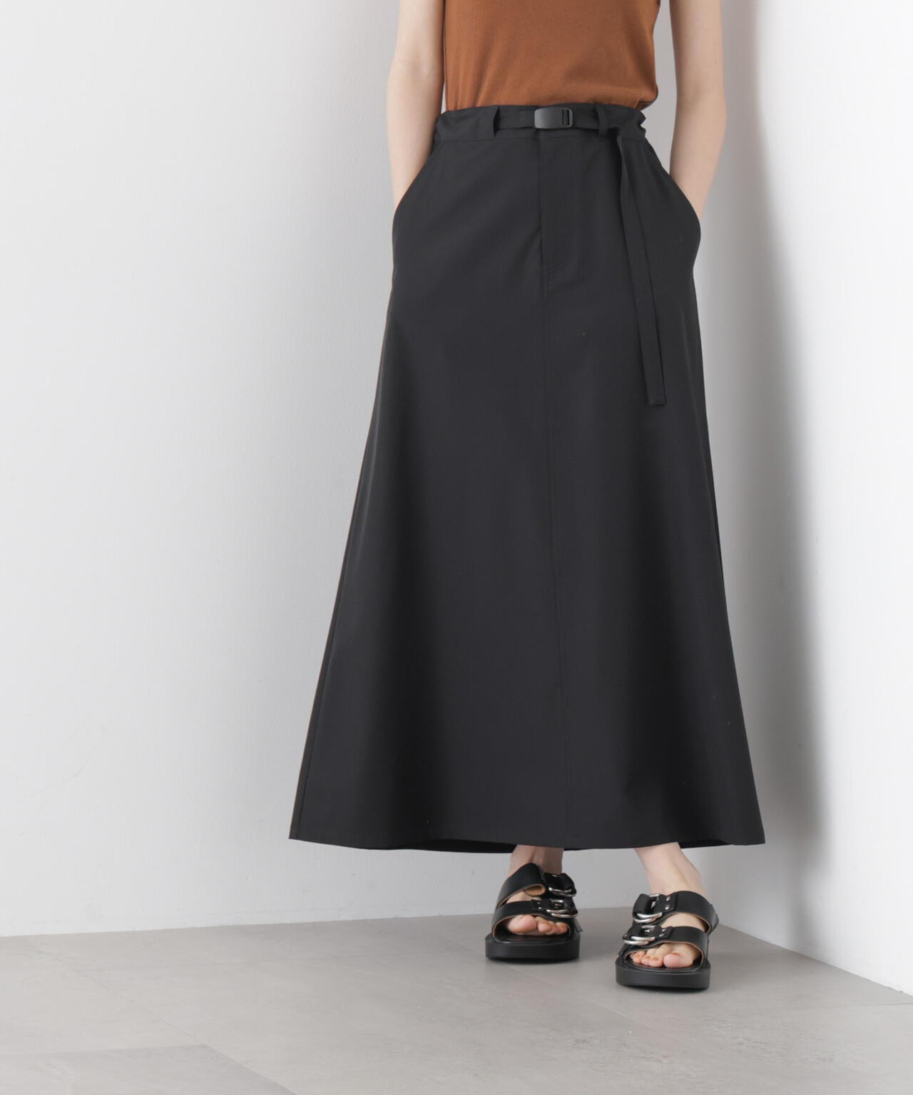 多機能2wayストレッチ ベルテッドセミフレアマキシスカート(セットアップ可)