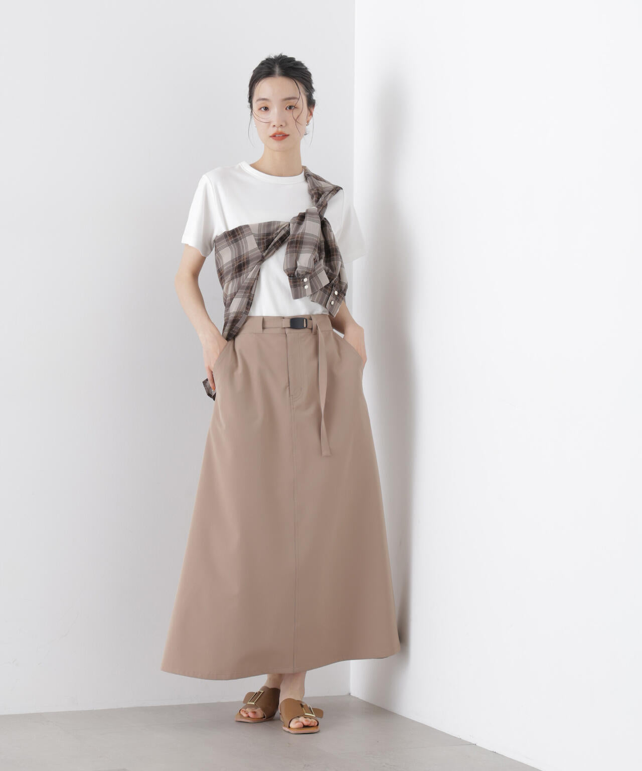 多機能2wayストレッチ ベルテッドセミフレアマキシスカート(セットアップ可)