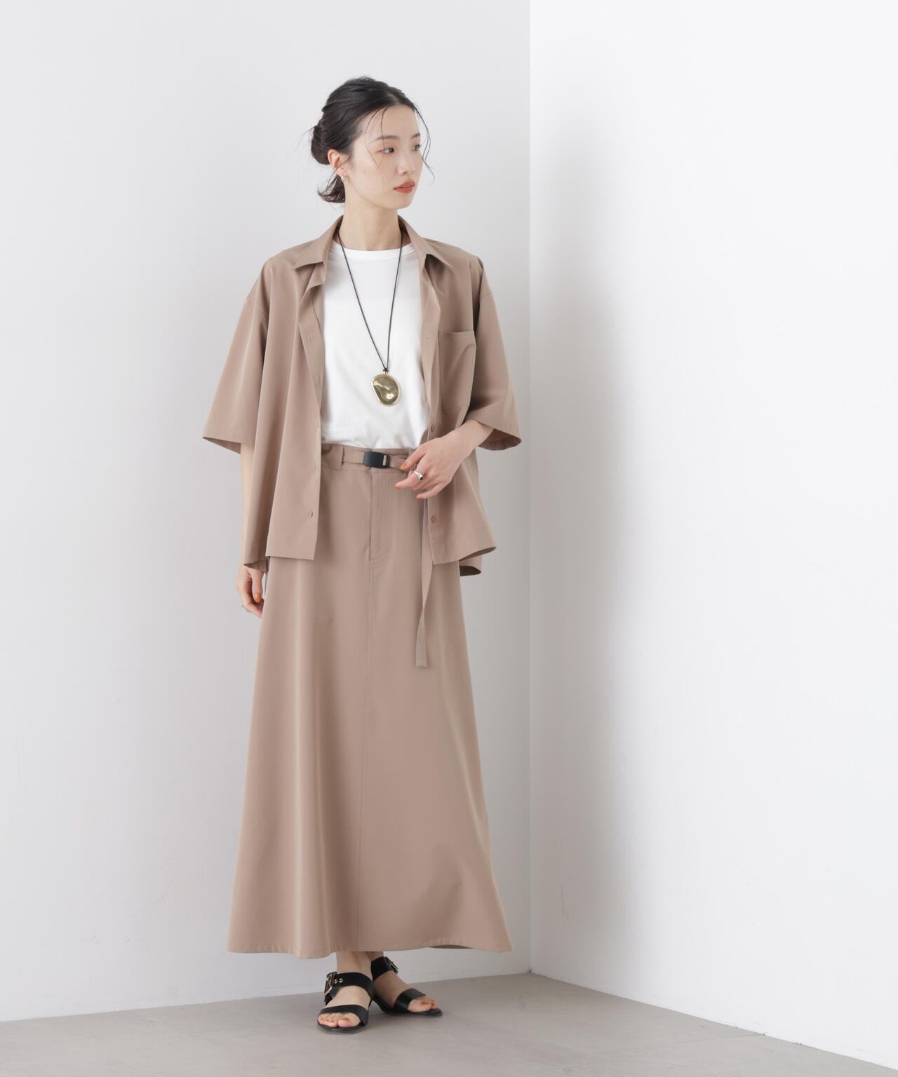 多機能2wayストレッチ ベルテッドセミフレアマキシスカート(セットアップ可)