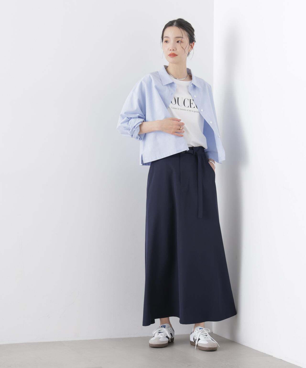 多機能2wayストレッチ ベルテッドセミフレアマキシスカート