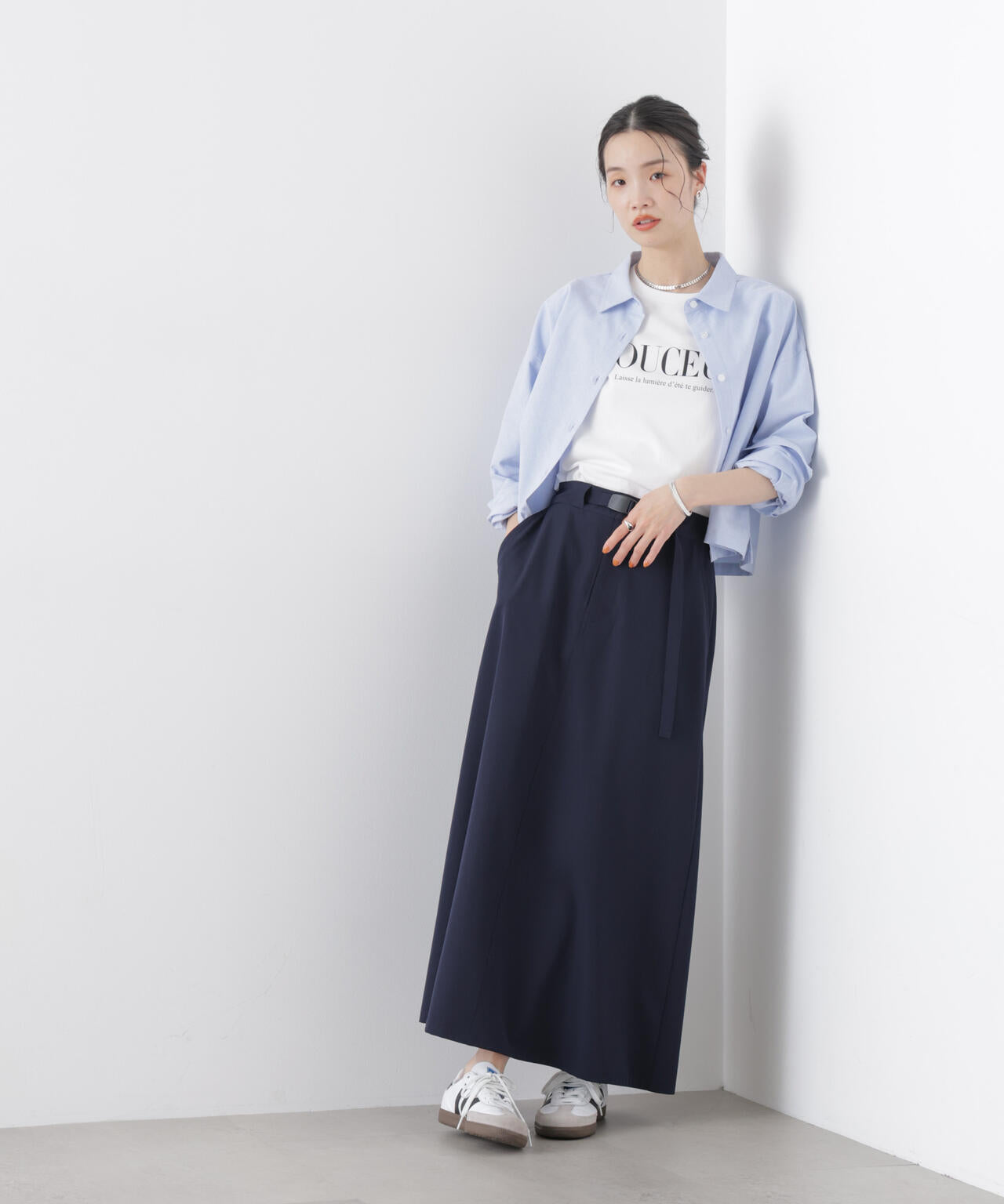 多機能2wayストレッチ ベルテッドセミフレアマキシスカート(セットアップ可)