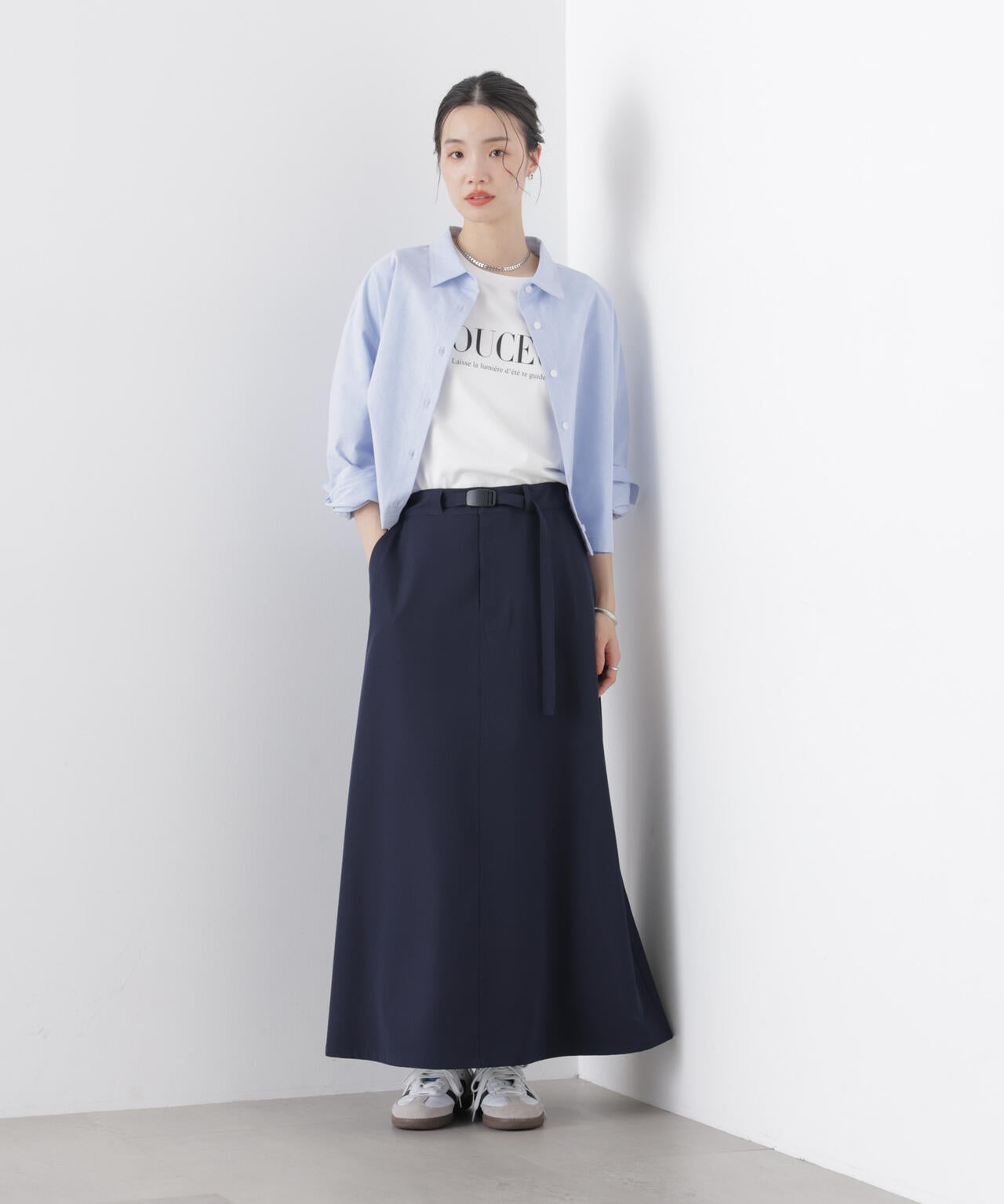 多機能2wayストレッチ ベルテッドセミフレアマキシスカート(セットアップ可)