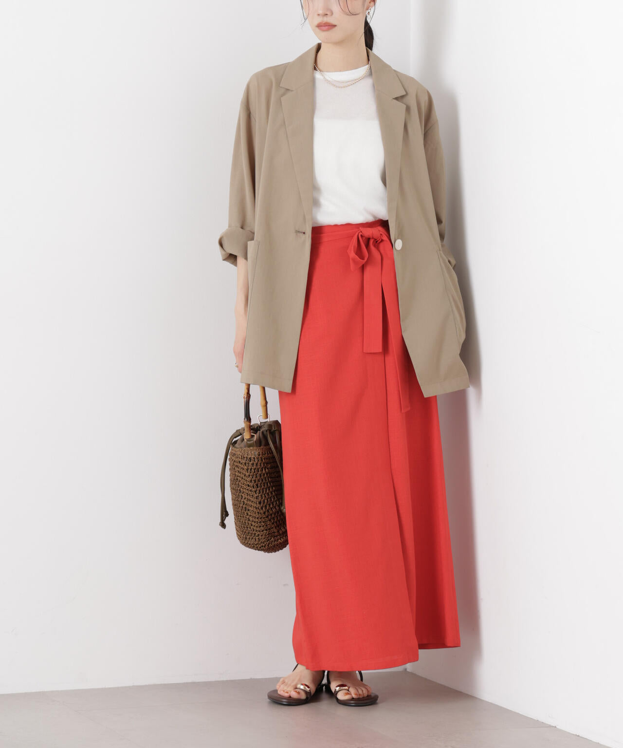 多機能リネン混ラップ風サイドリボンスカート(セットアップ可)