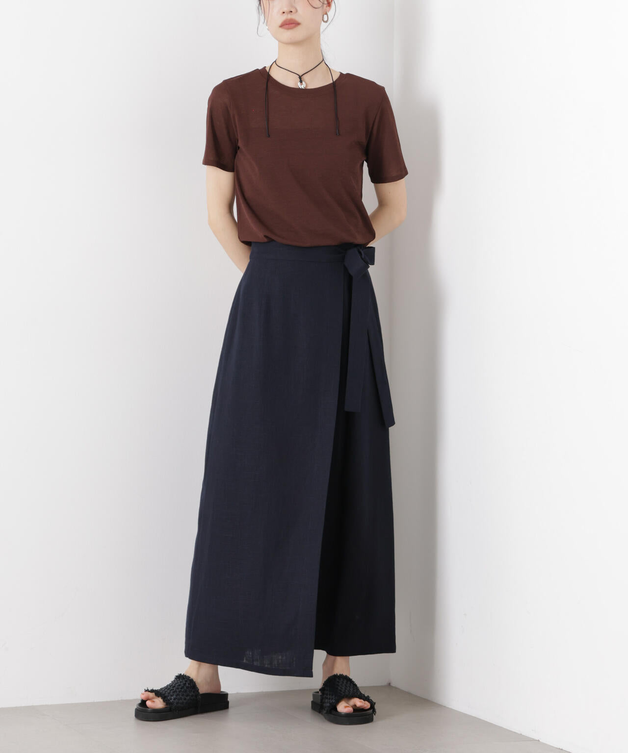 多機能リネン混ラップ風サイドリボンスカート(セットアップ可)