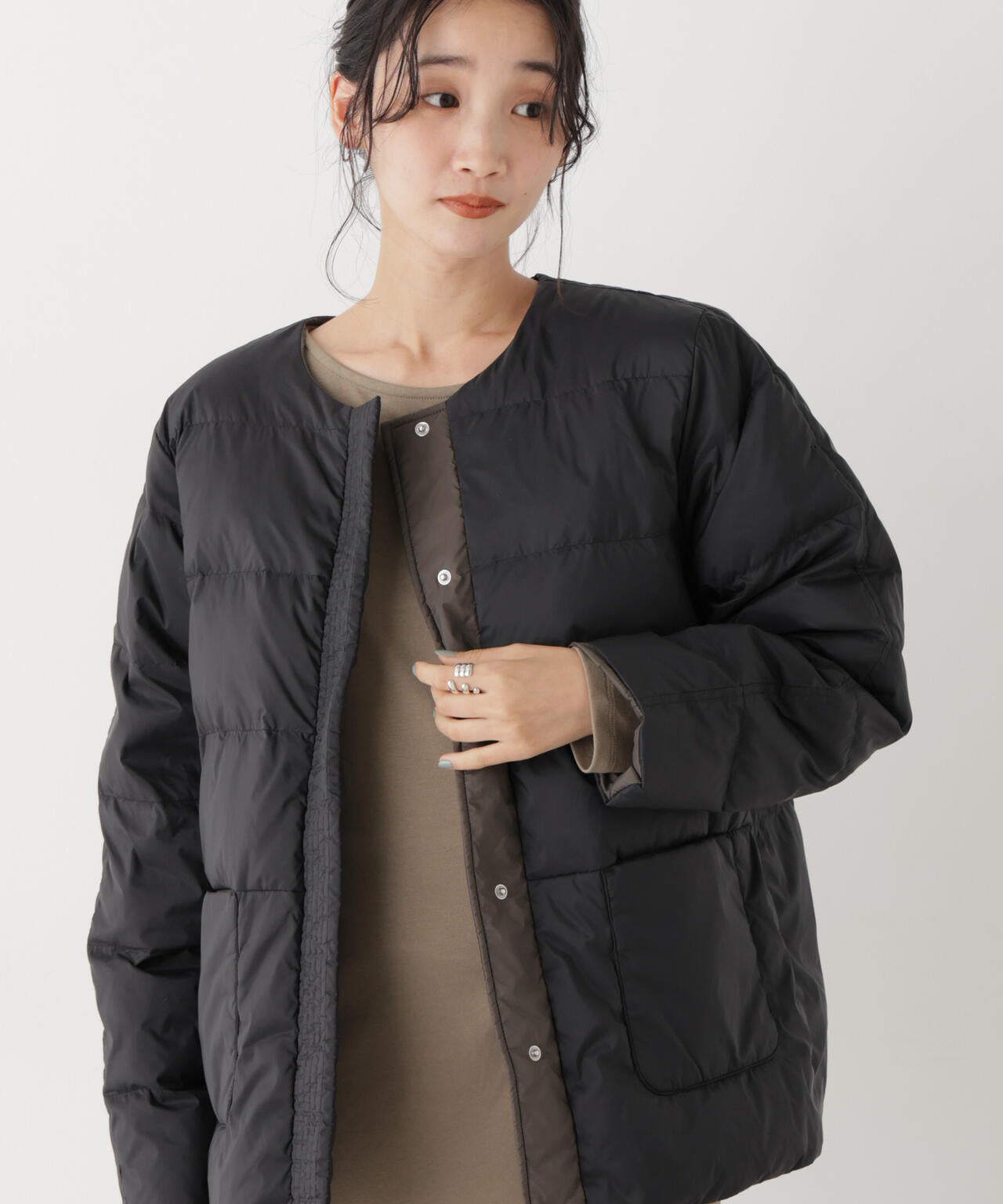 撥水加工ライトダウン リバーシブルノーカラージャケット