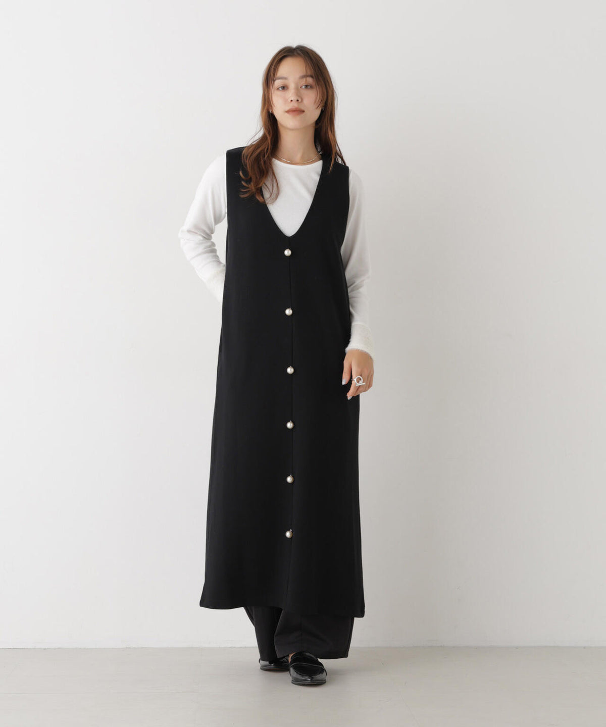 ファースリーブトップス×パールワンピース アンサンブルセット