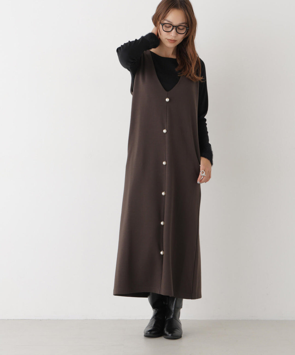 ファースリーブトップス×パールワンピース アンサンブルセット