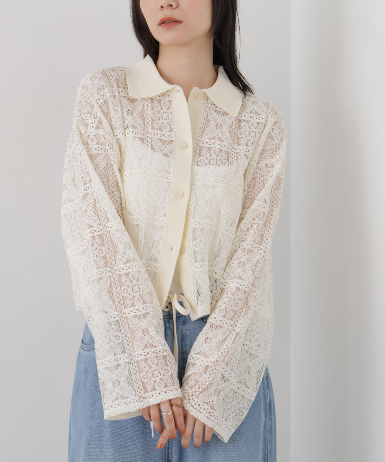 幾何柄レースクロップドシャツ(セットアップ可)