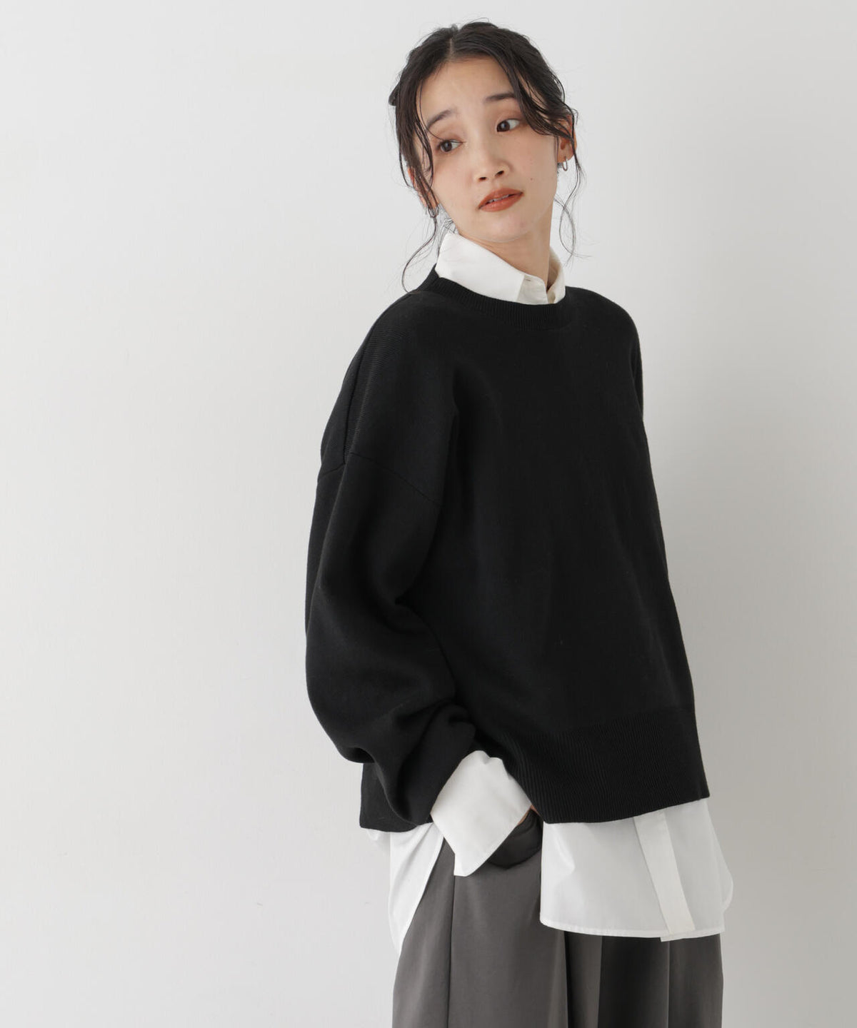 毛玉ができにくいニット クルーネックワイドトップス(セットアップ可)