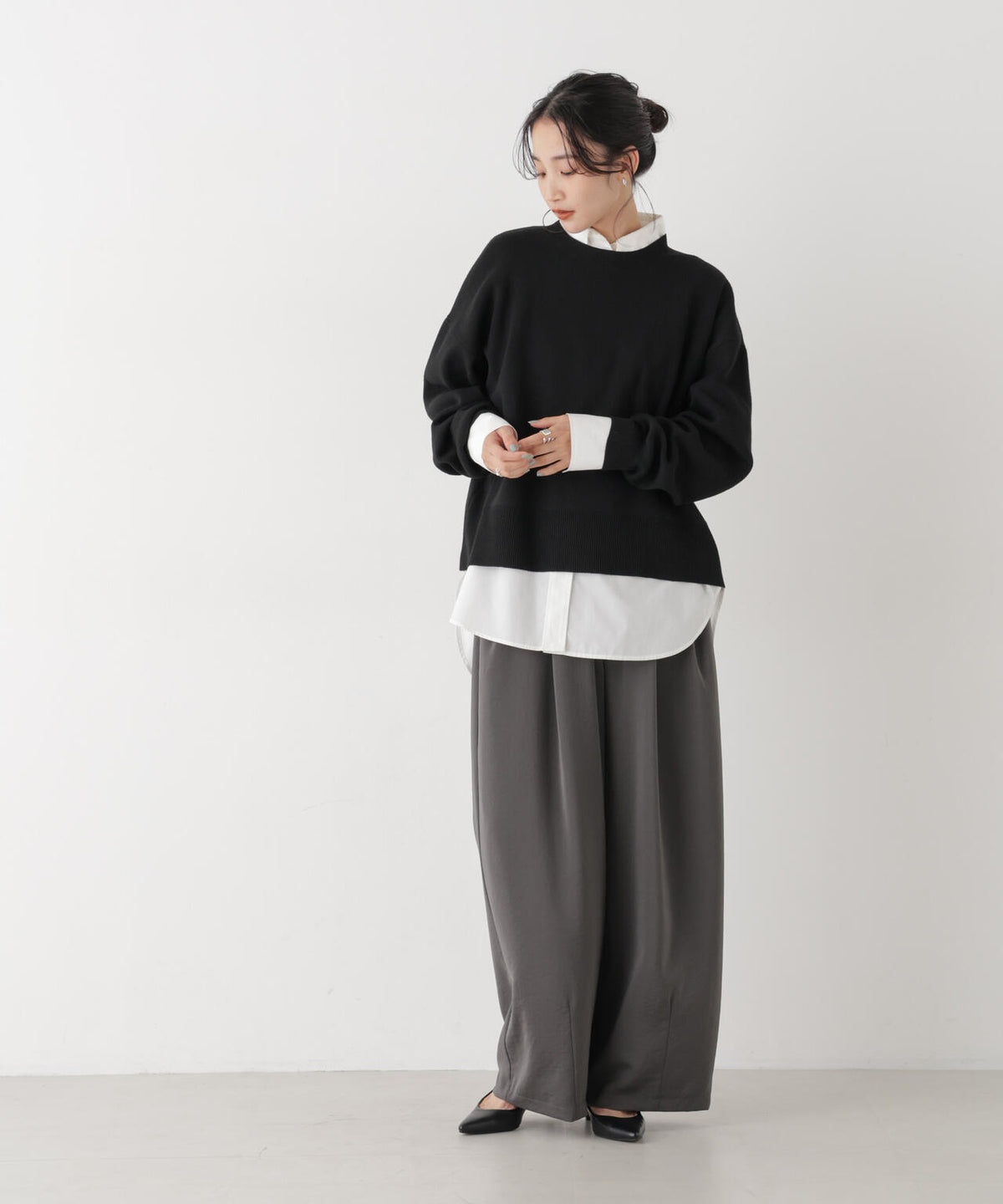 毛玉ができにくいニット クルーネックワイドトップス(セットアップ可)