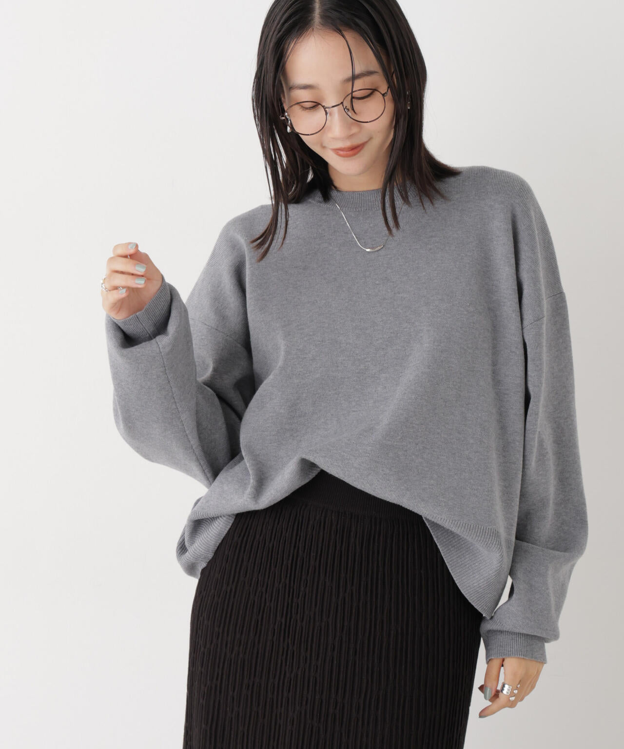 毛玉ができにくいニット クルーネックワイドトップス(セットアップ可)
