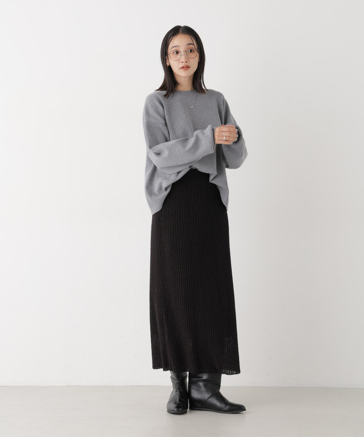 毛玉ができにくいニット クルーネックワイドトップス(セットアップ可)