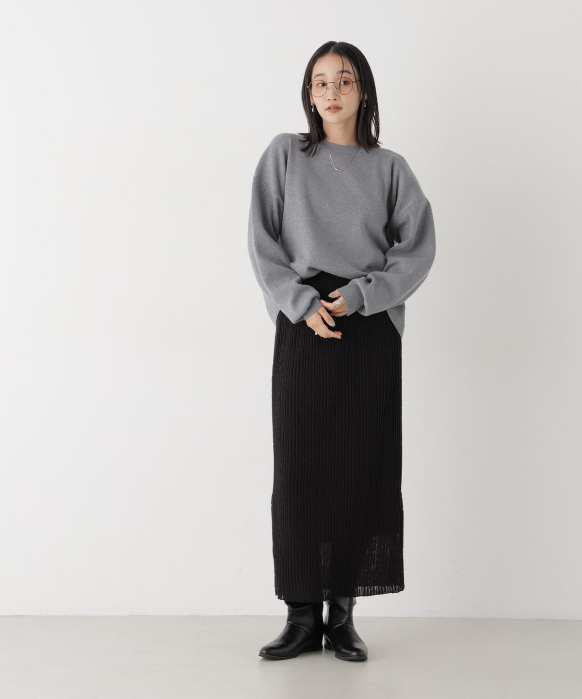 毛玉ができにくいニット クルーネックワイドトップス(セットアップ可)
