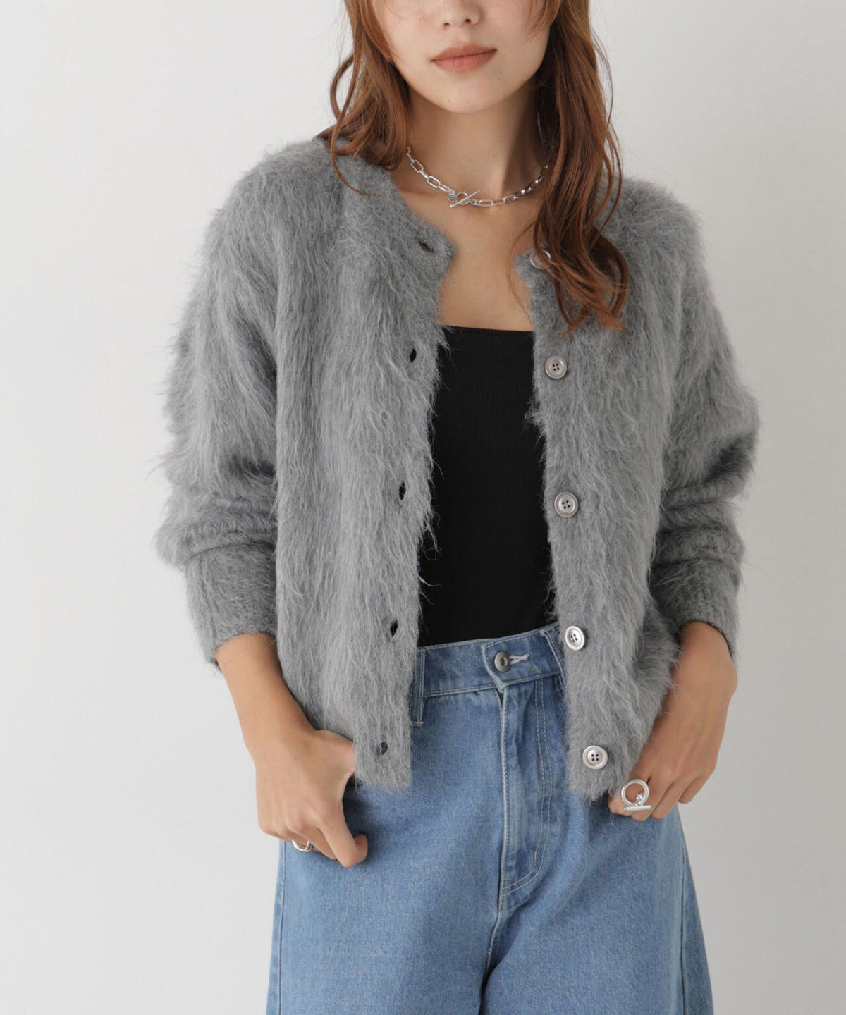 起毛シャギーニットクルーネックカーディガン