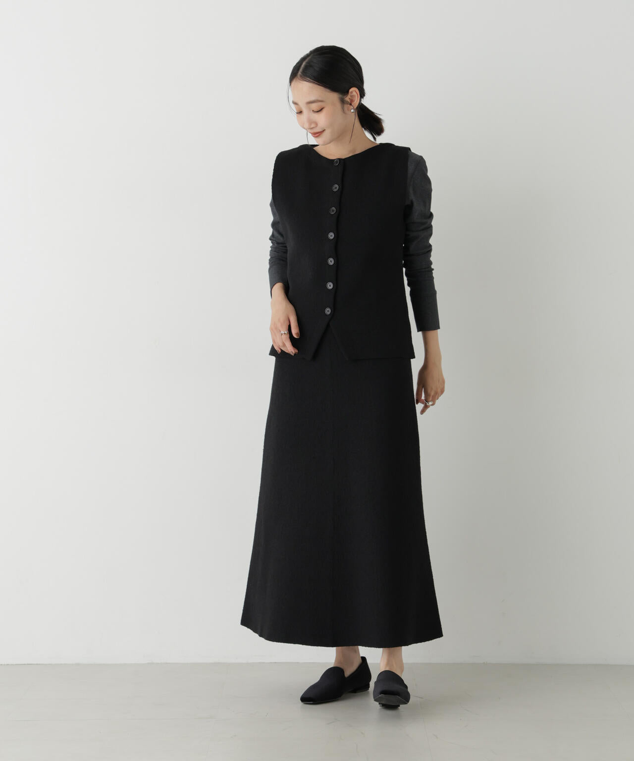 ミニブークレ総針編みクルーニットベスト(セットアップ可)