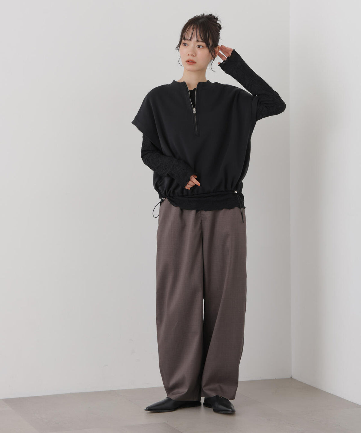 ウェーブジャガードカットメローロングスリーブトップス