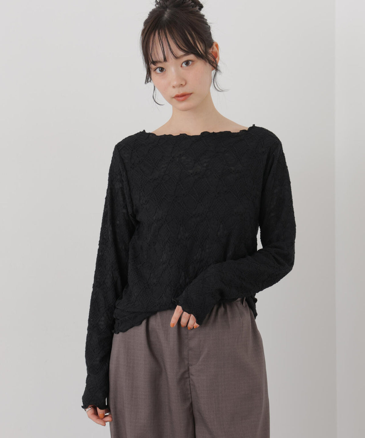 ウェーブジャガードカットメローロングスリーブトップス