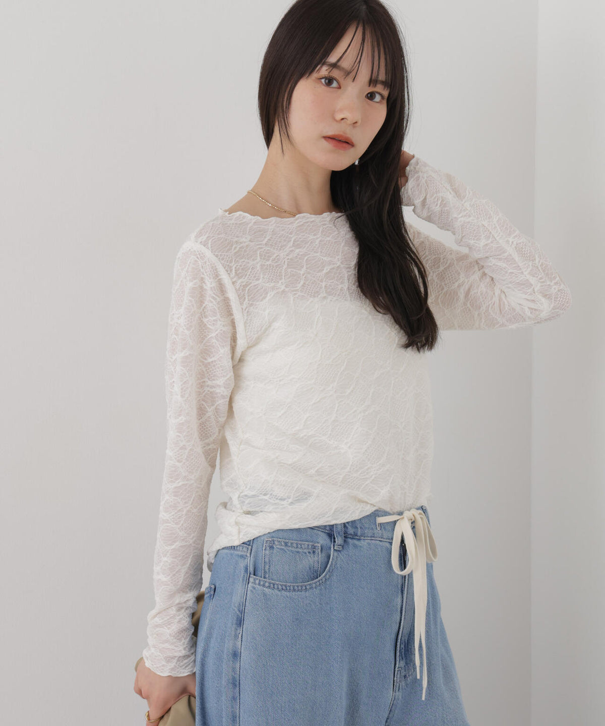 ウェーブジャガードカットメローロングスリーブトップス