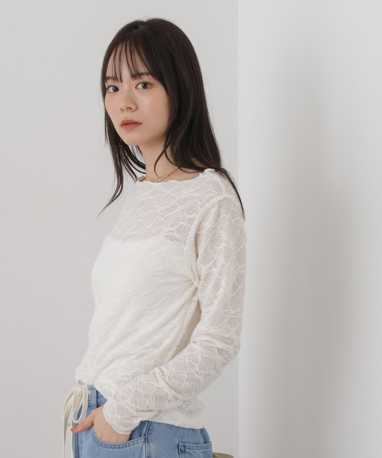 ウェーブジャガードカットメローロングスリーブトップス