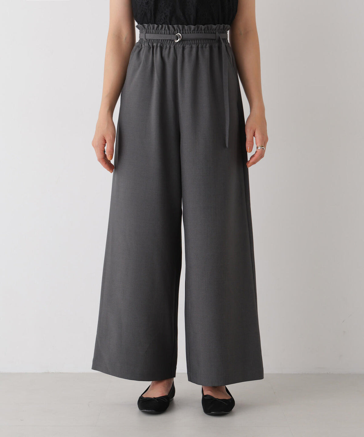 ベルト付きツイルワイドパンツ(セットアップ可)