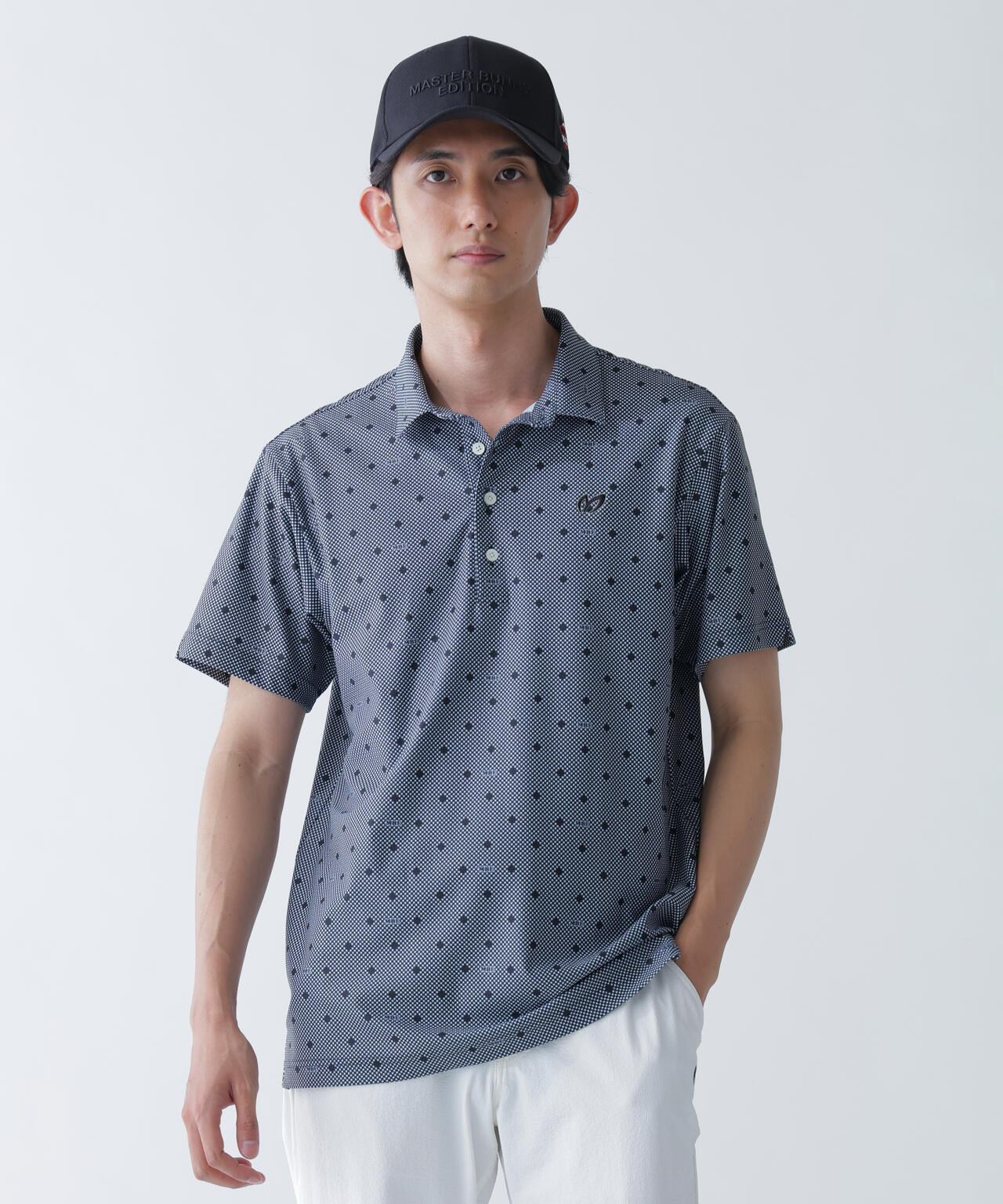 メッシュトリコットプリント半袖ポロシャツ