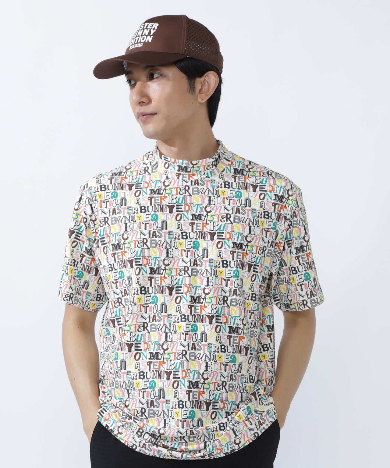 4WAYナイロントリコットマルチロゴプリント半袖モックネックカットソー