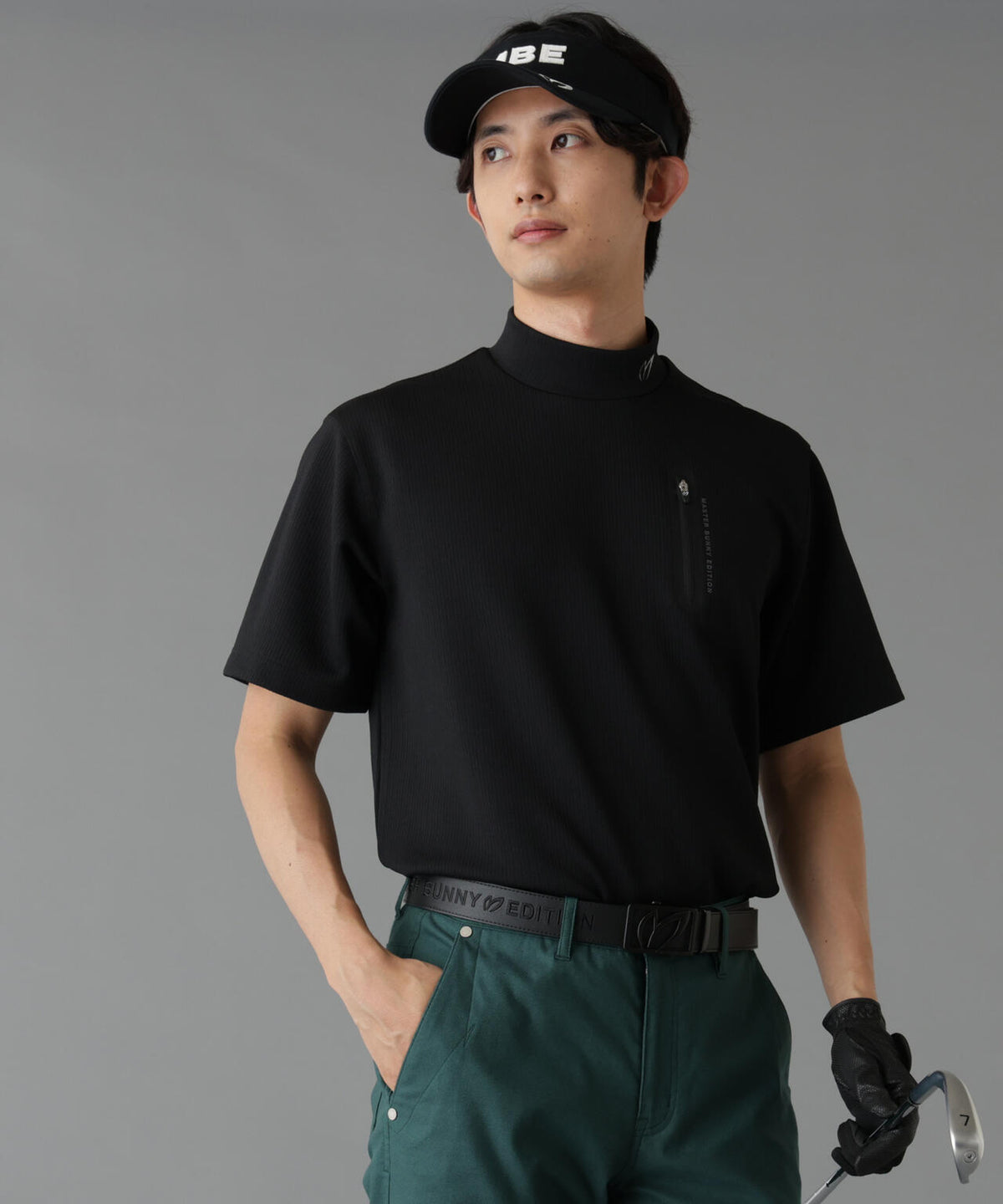 へリンボンストライプ半袖モックネックシャツ (MENS)