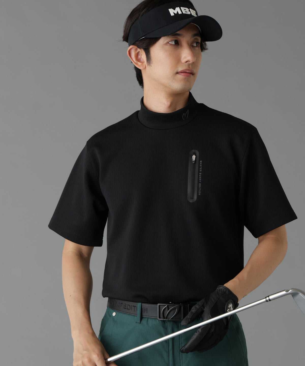 へリンボンストライプ半袖モックネックシャツ (MENS)