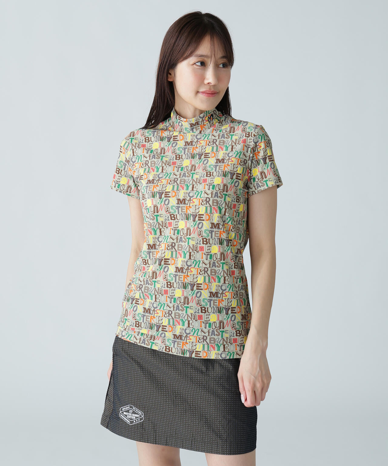 4WAYナイロントリコットマルチロゴプリント半袖モックネックカットソー