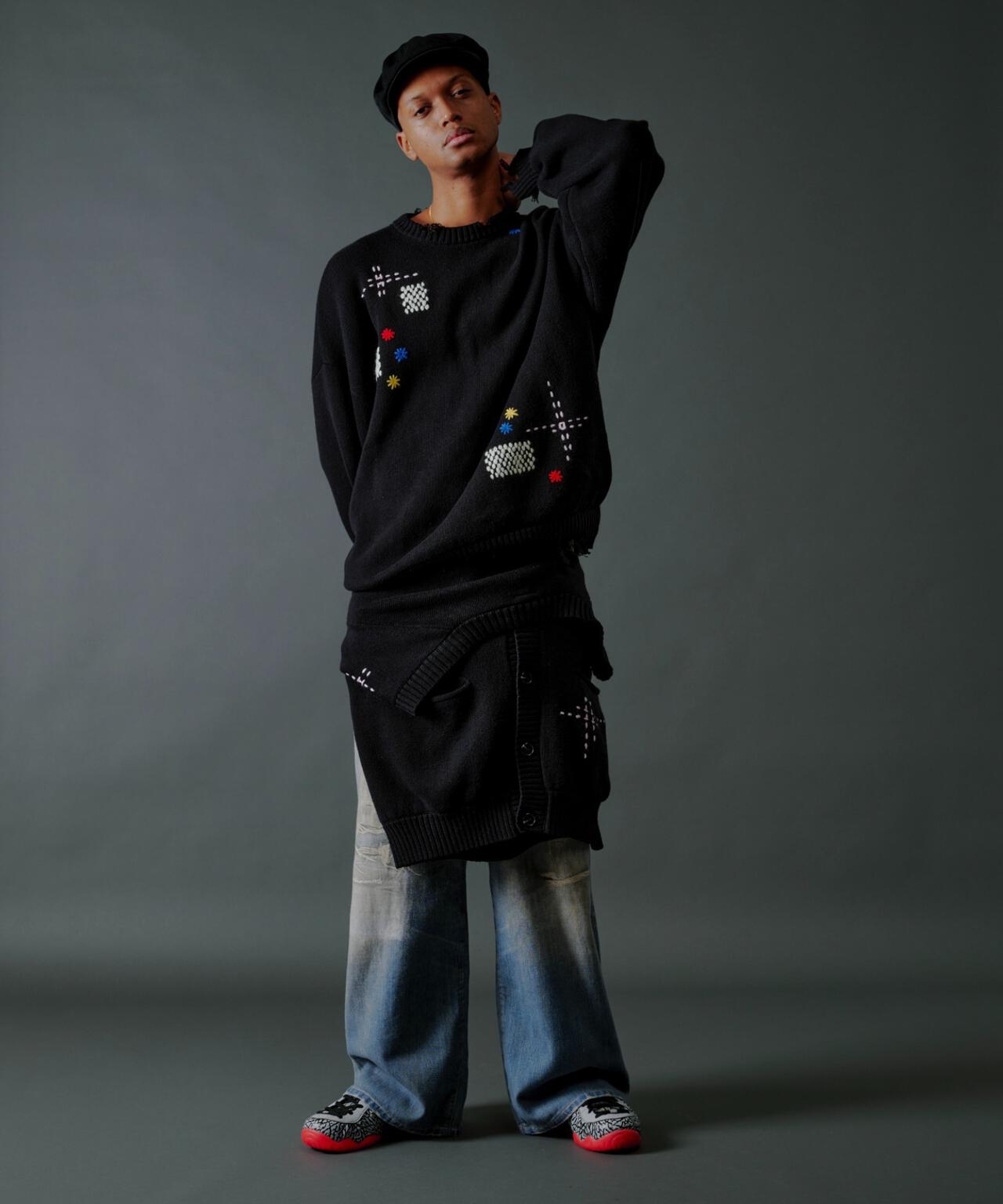 B omnivore/ビーオムニボー　HAND STITCH CREWNECK KNIT ハンドステッチクルーネックニット