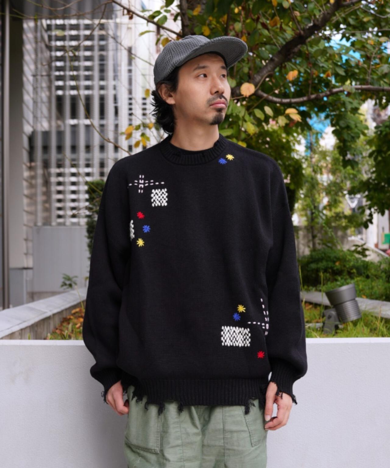 B omnivore/ビーオムニボー　HAND STITCH CREWNECK KNIT ハンドステッチクルーネックニット