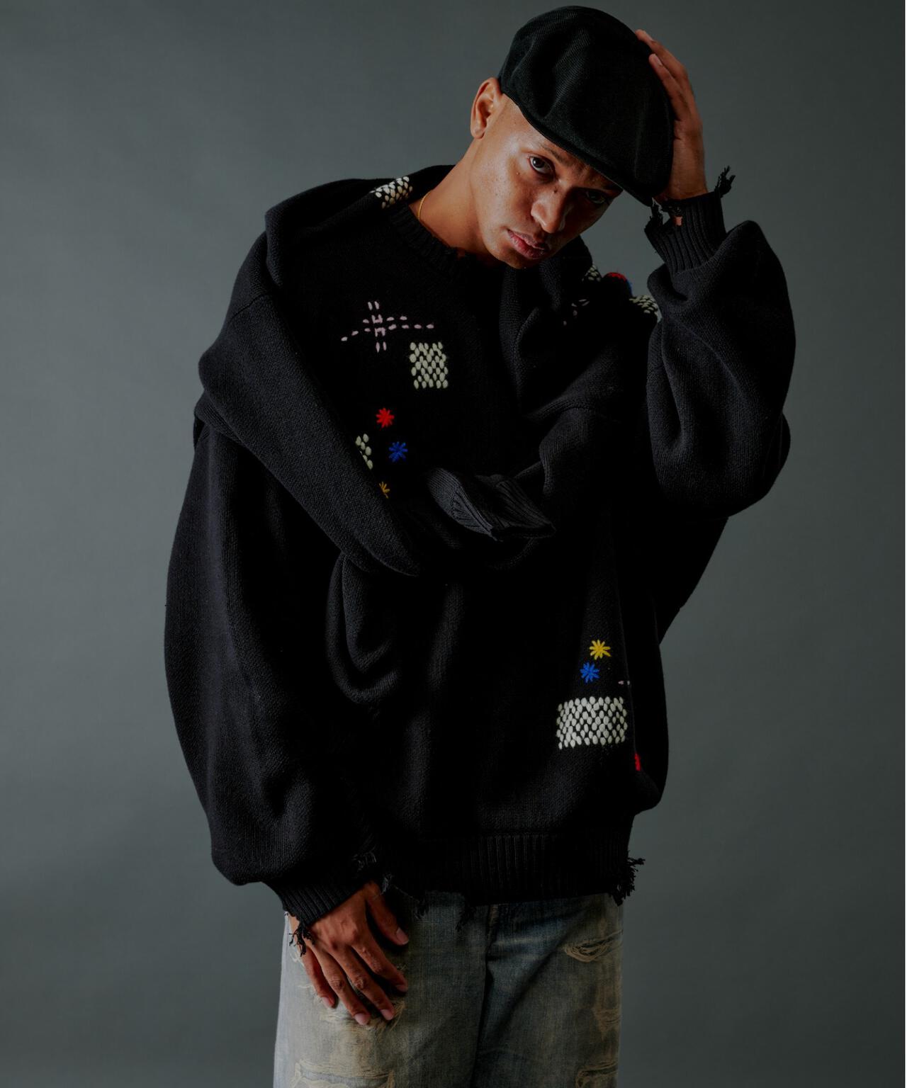 B omnivore/ビーオムニボー　HAND STITCH CREWNECK KNIT ハンドステッチクルーネックニット