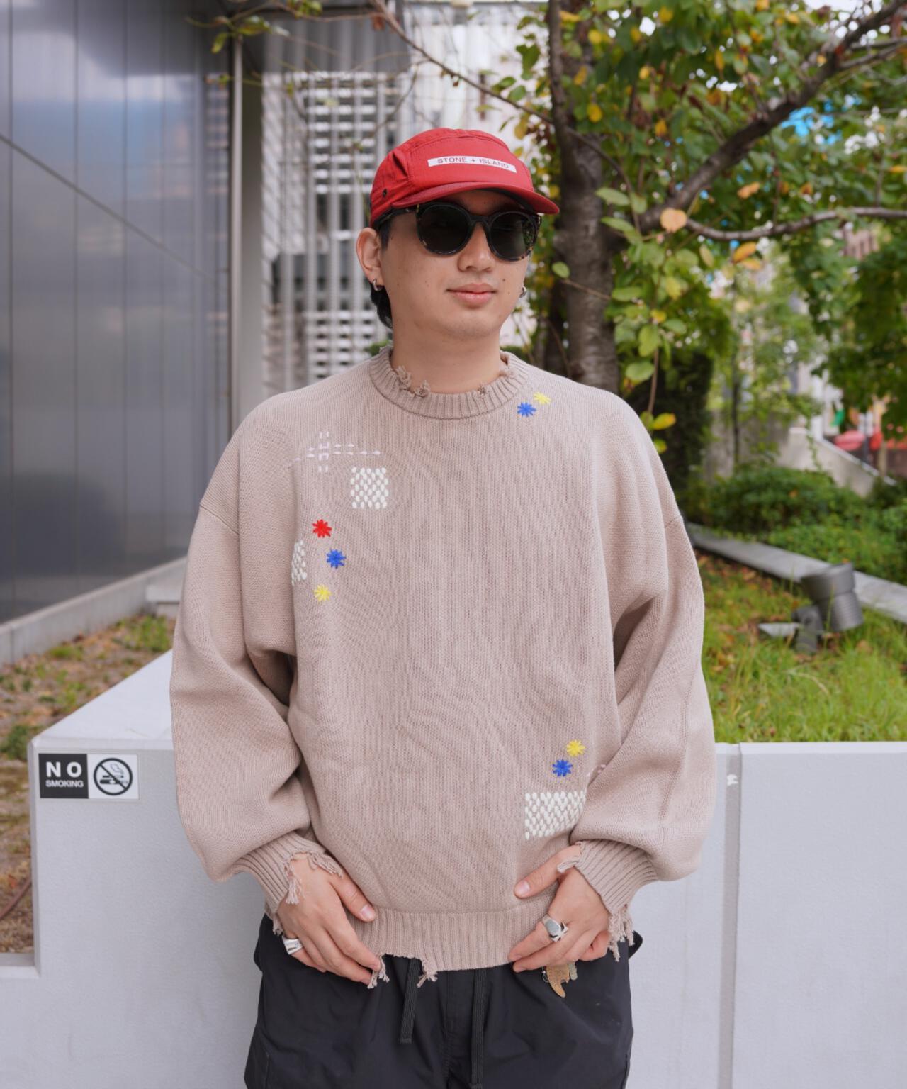 B omnivore/ビーオムニボー　HAND STITCH CREWNECK KNIT ハンドステッチクルーネックニット