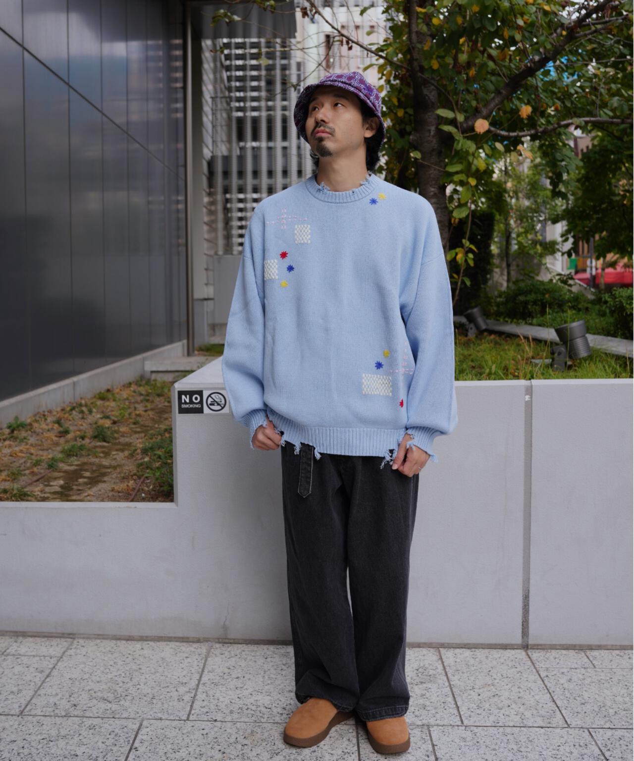 B omnivore/ビーオムニボー　HAND STITCH CREWNECK KNIT ハンドステッチクルーネックニット