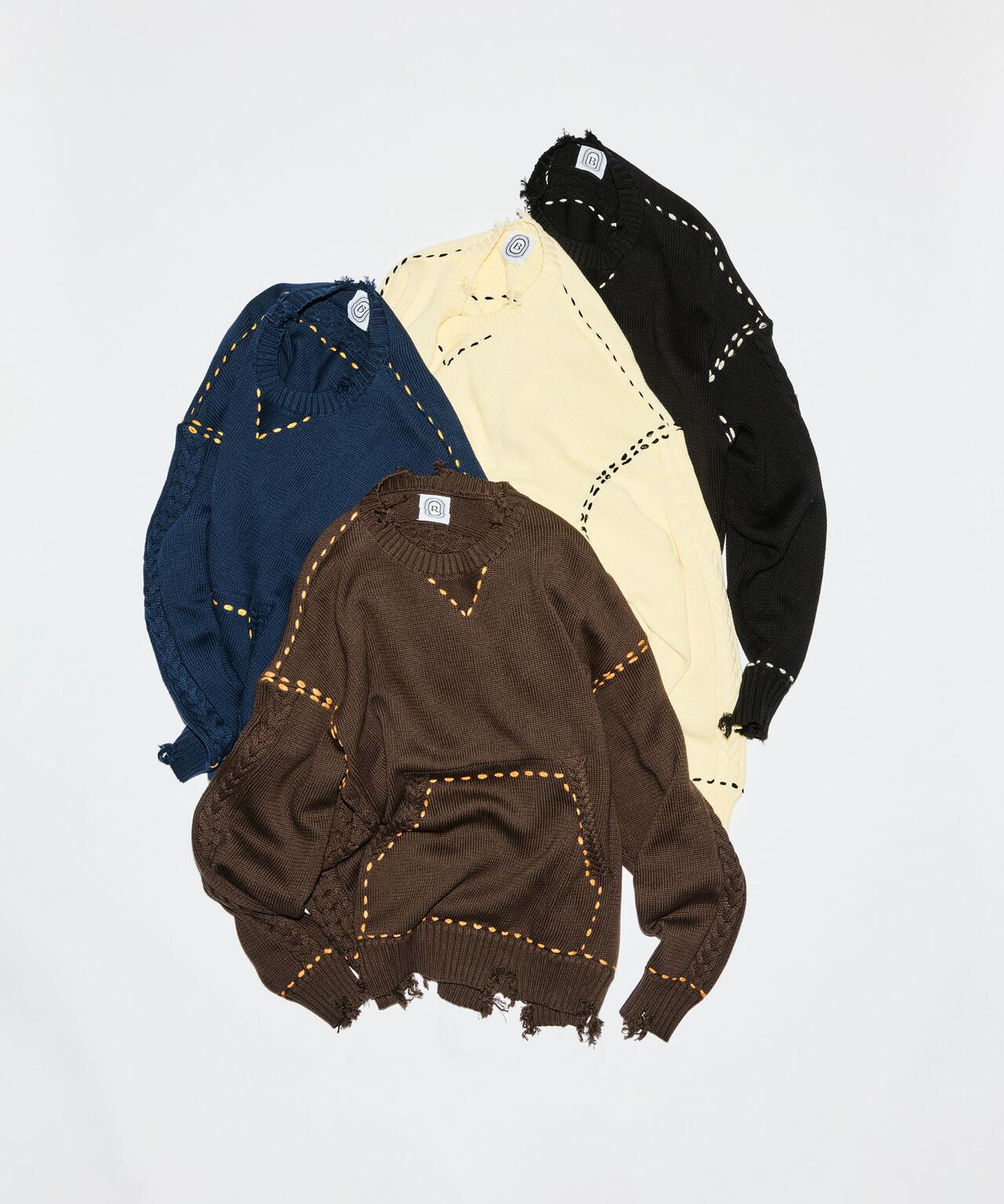 B omnivore/ビーオムニボー　HANDSTITCH CABLE KNIT CREWNECK ハンドステッチケーブルニットクルーネック