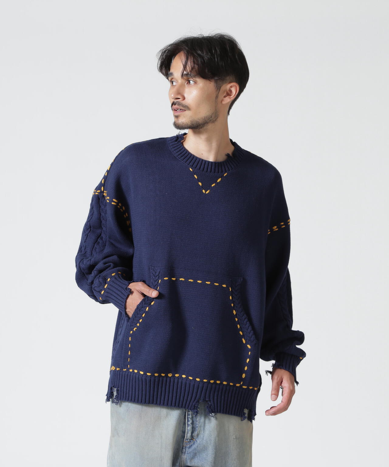 B omnivore/ビーオムニボー HANDSTITCH CABLE KNIT CN ハンドステッチ