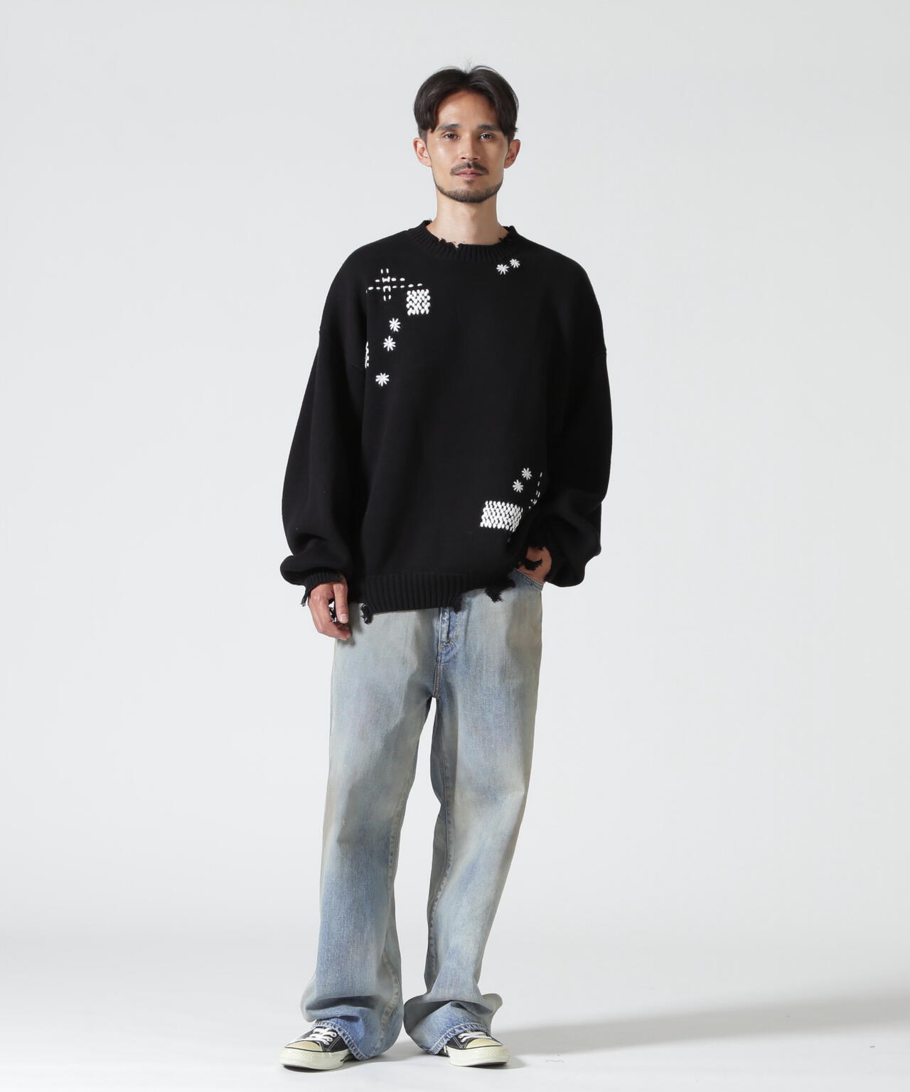 B omnivore/ビーオムニボー　HAND STITCH CREWNECK KNIT ハンドステッチクルーネックニット