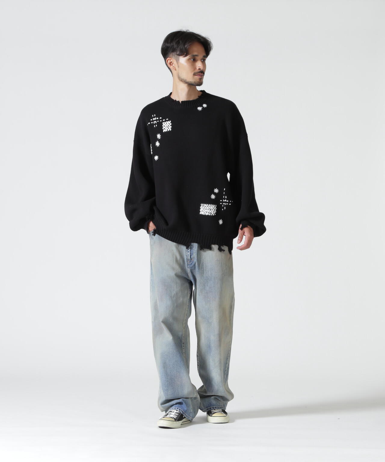 B omnivore/ビーオムニボー　HAND STITCH CREWNECK KNIT ハンドステッチクルーネックニット